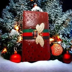 Bags | Burgundy Luxury Designer Ostrich Print Bee Wallet And 